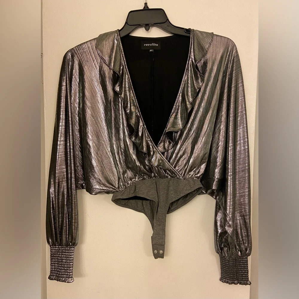 Retrofete Silver Metallic Deep V Ruffle Bodysuit Size XS